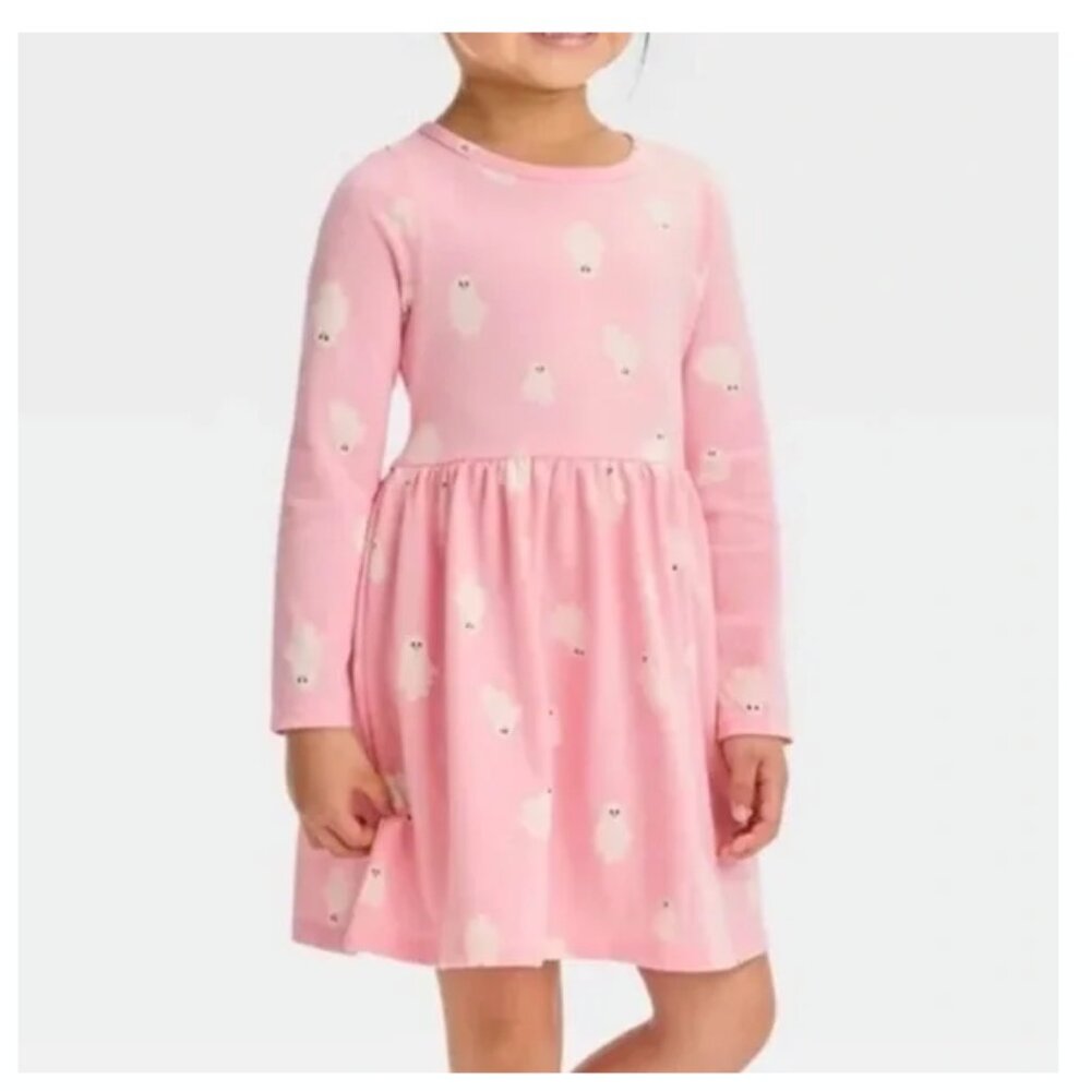 Cat & Jack Girls Long Sleeve Pink Ghosts Jersey Knit Dress M NWT